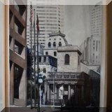 A01. Framed floating acrylic painting of King's Chapel in Boston by Jean Cain. 53”h x 37”w 